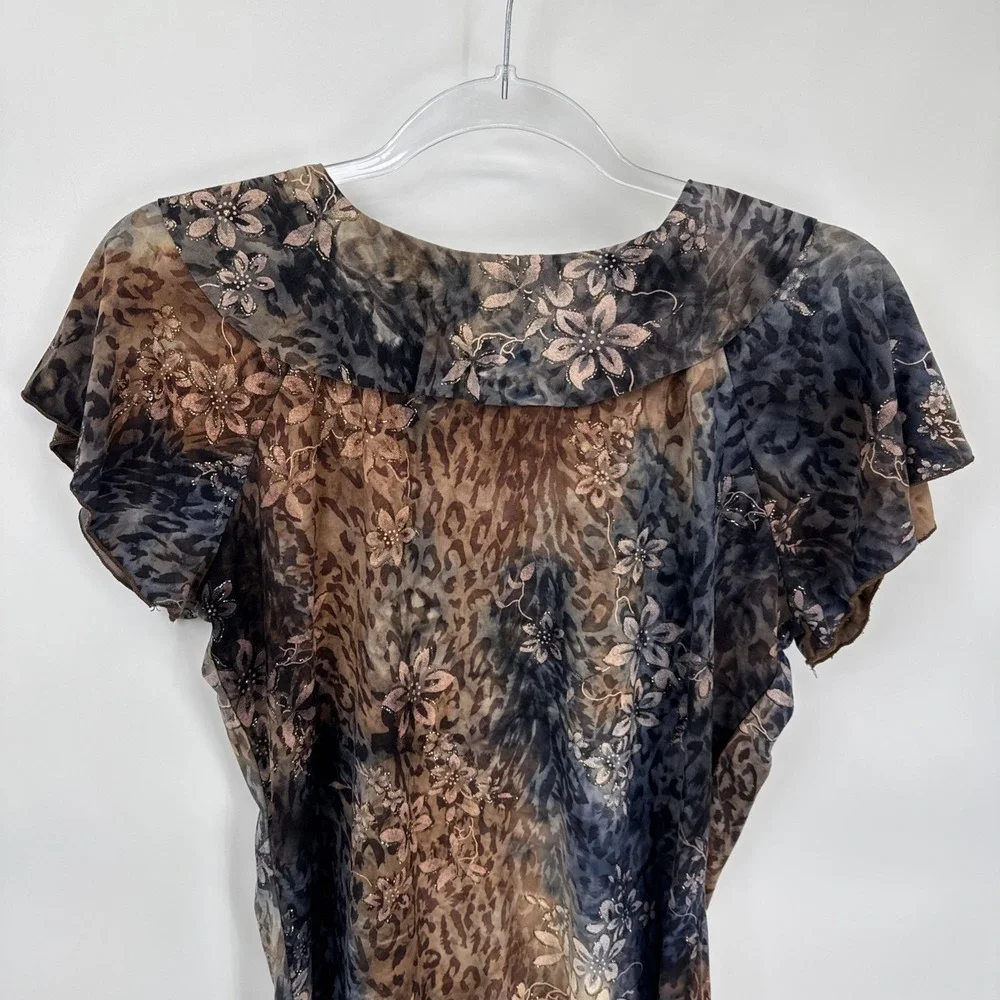 Vintage Y2K Dressbarn Top Womens Medium Brown Gray Grunge‎ Fairy Ruffle Sparkle